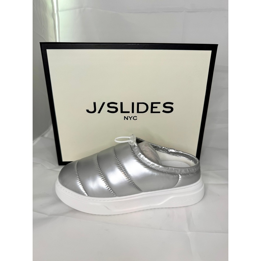 J/Slides NYC Silver Puffer Mules Metallic Quilted Platform Slip On 6.5M NIB